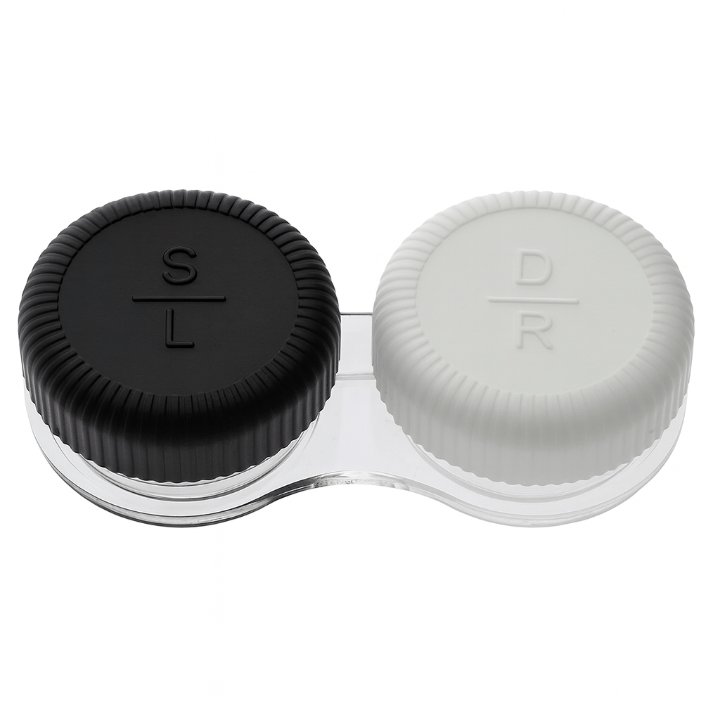 Black and white contact lens storage case with labeled screw-top lids for left and right lenses, ideal for Halloween or cosplay contact lenses.