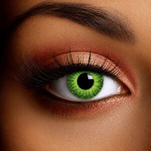Close-up of an eye wearing bright green Hulk-inspired contact lenses with a bold, vivid iris effect.
