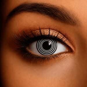 Close-up of an eye wearing Hypnotic Black Contact Lenses featuring bold black and white concentric rings that create a striking hypnotic spiral effect.