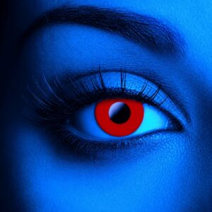 Close-up of an eye wearing i-Glow Red UV Contact Lenses, featuring a vivid neon-red iris effect against dramatic blue lighting.