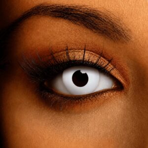 Vibrant White Contact Lenses covering the iris with a solid white effect, creating a bold and striking costume look.
