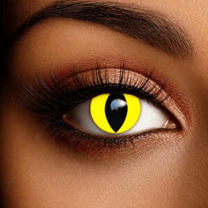 Close-up of an eye wearing bright yellow cat eye contact lenses with a bold black vertical slit pupil, creating a striking feline-inspired look.