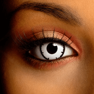 Close-up of a model wearing White Zombie Contact Lenses with a distressed black edge, creating a realistic undead eye effect for Halloween, horror cosplay, and special effects makeup.