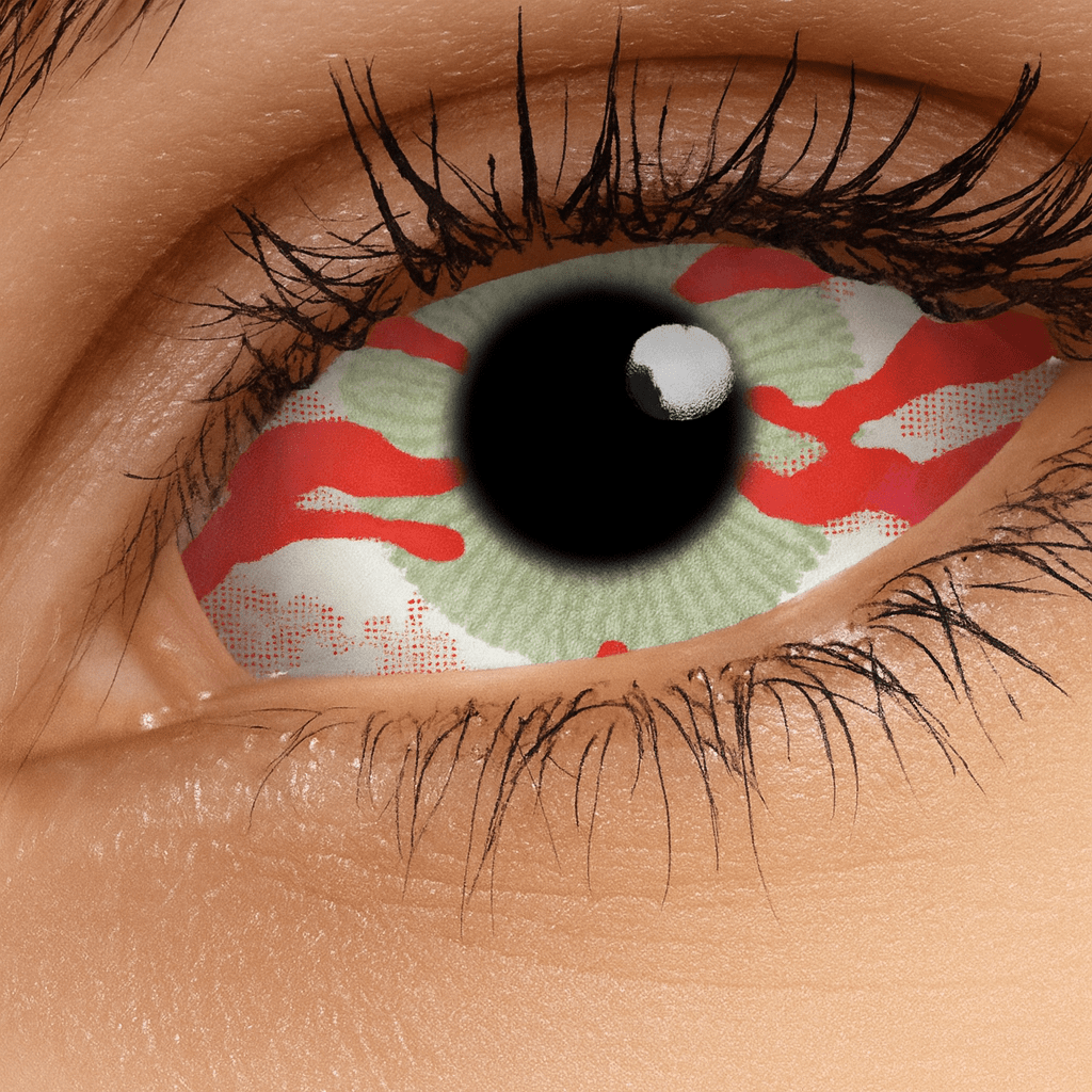 Close-up of an eye wearing Contagion Full Eye Sclera Contact Lenses, showing red and black infection-style design covering the entire eye for a zombie effect.