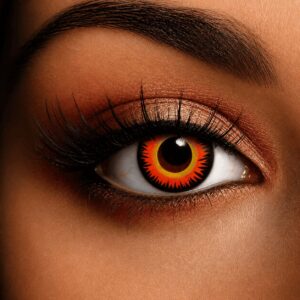 Orange Twilight Werewolf Contact Lenses worn in a brown eye, featuring a fiery orange iris with a golden inner ring and bold black jagged detailing for a fierce werewolf-inspired Halloween look.