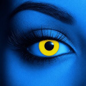 Close-up of an eye wearing Funky Yellow UV Contact Lenses, featuring a vibrant neon yellow iris with a bold black pupil.