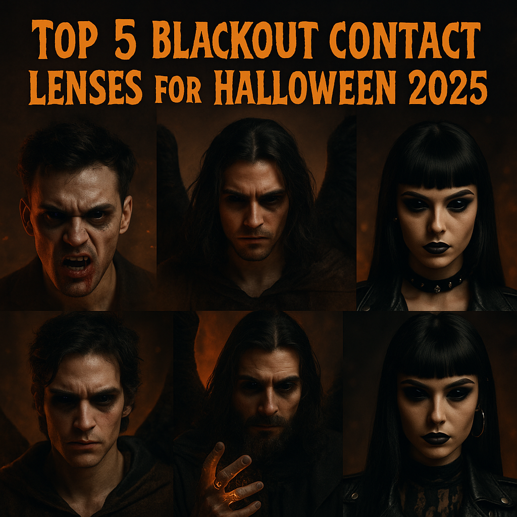 Five Halloween characters wearing blackout contact lenses, including a vampire, dark angel, warlock, and gothic woman, with the title 'Top 5 Blackout Contact Lenses for Halloween 2025' in bold orange text