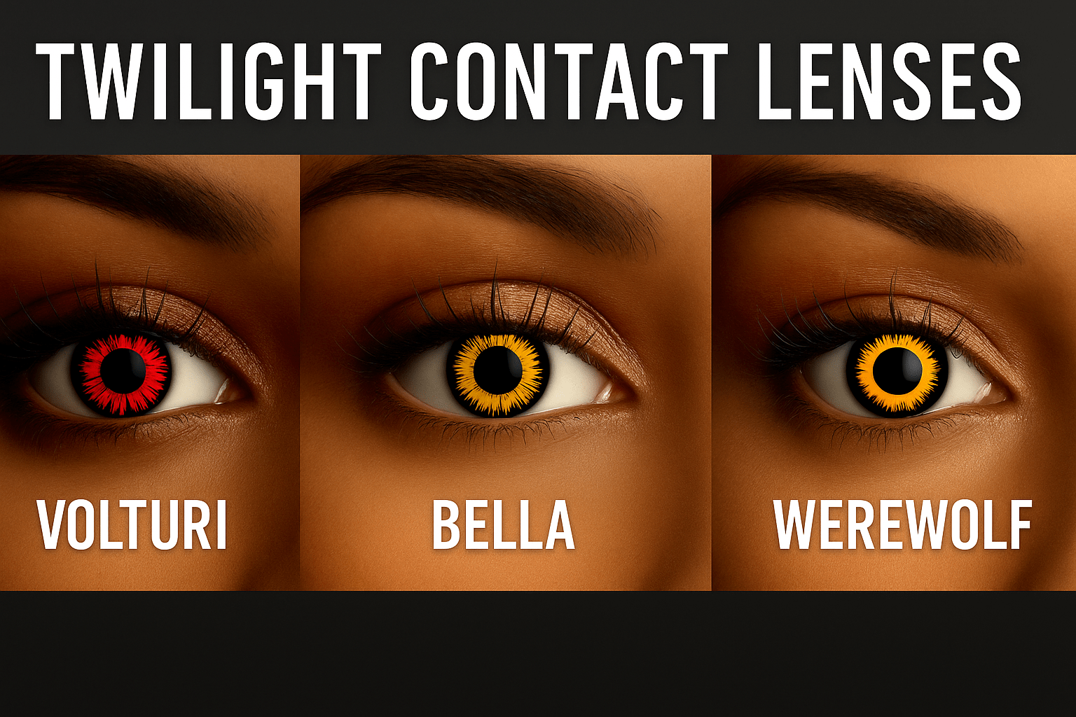 close up comparison of the twilight contact lenses, volturi, bella and werewolf.