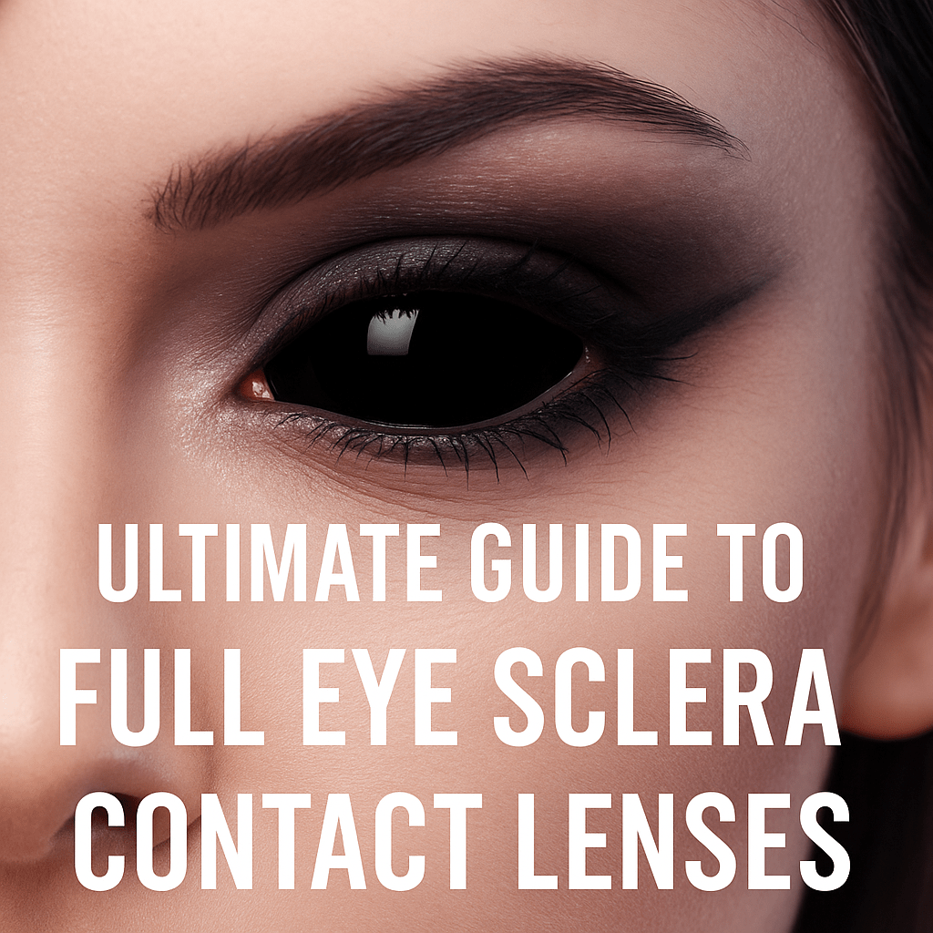 Promotional banner showing three close-up eyes wearing black full eye sclera contact lenses with bold title text reading 'Ultimate Guide to Full Eye Sclera Contact Lenses'